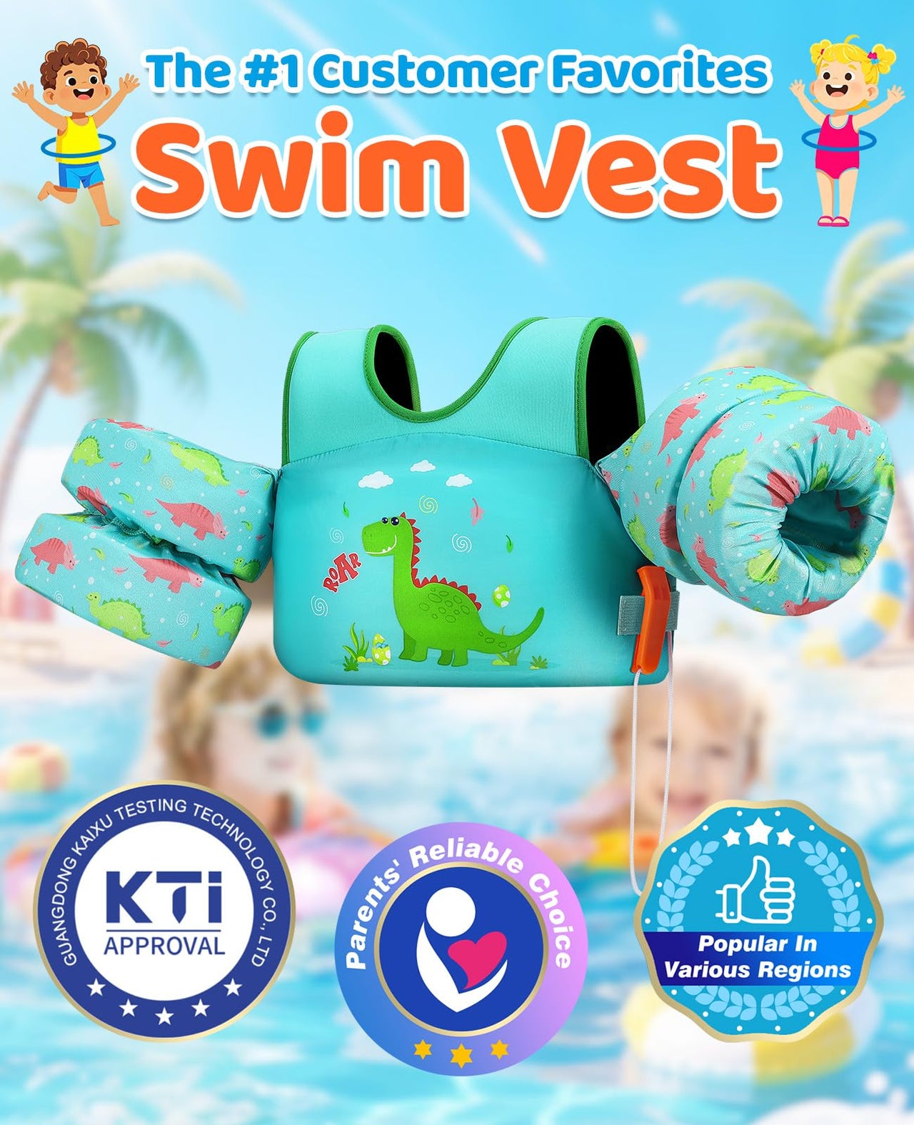 HeySplash Swim Vest for Kids, Toddler Pool Floaties Fit 33-66 Lbs, Children Swimming Vest with Adjustable Strap, Swim Jacket Water Wing Arm Float, Puddle Beach Boat Jumper Boy Girl,Dinosaur