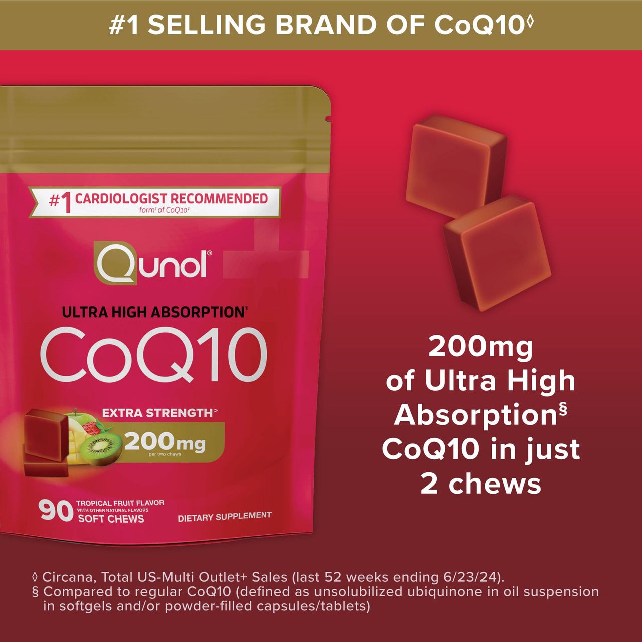 Qunol CoQ10 200mg Soft Chews, Extra Strength & Ultra High Absorption Coenzyme Q10 Supplement, #1 Cardiologist Recommended Supplement for Heart Health, 90 Count