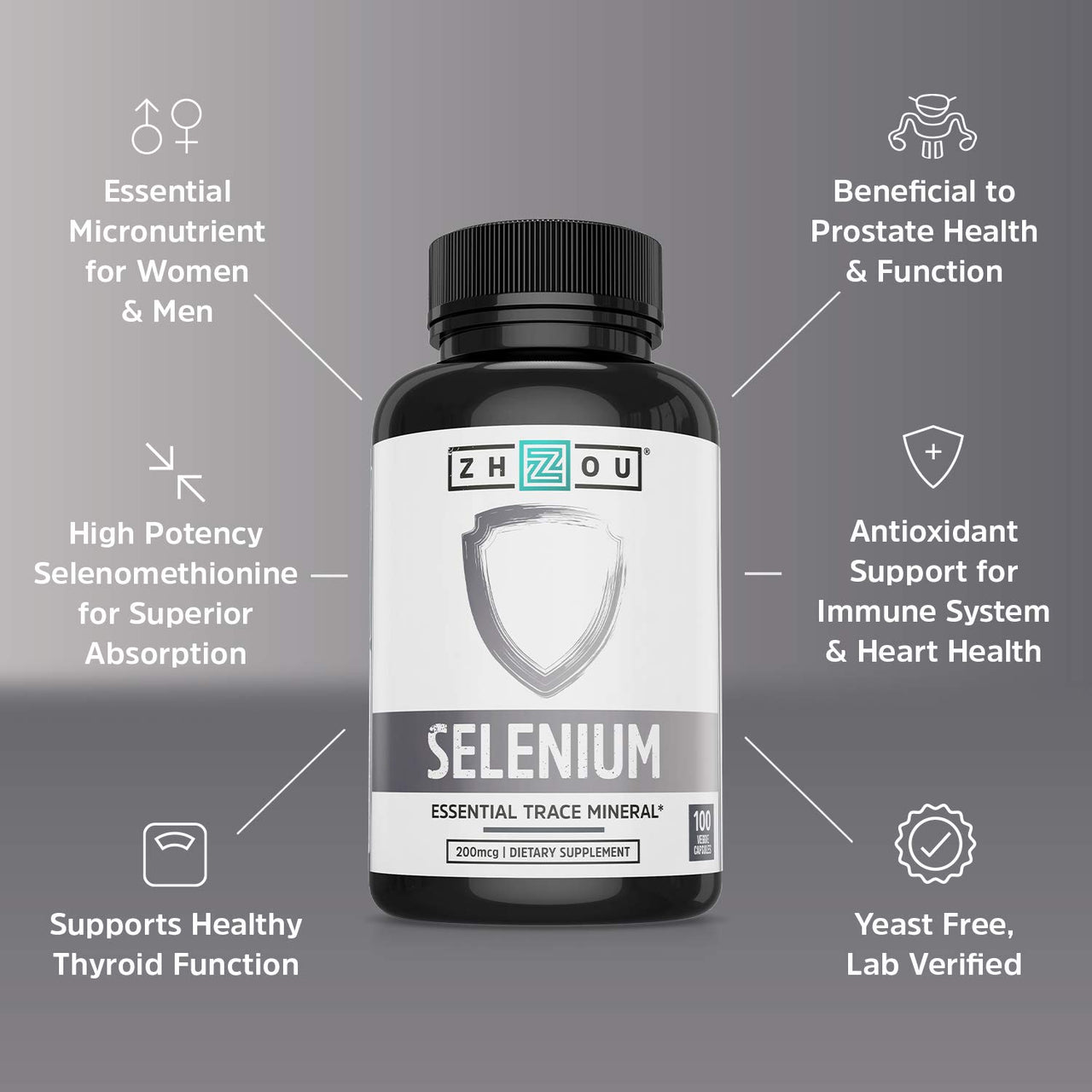 Zhou Selenium - Selenium 200mcg Capsules, Mineral Supplements for Women and Men, Antioxidant, Thyroid, and Cellular Support, Vegan, Pure - 100 Veggie Capsules
