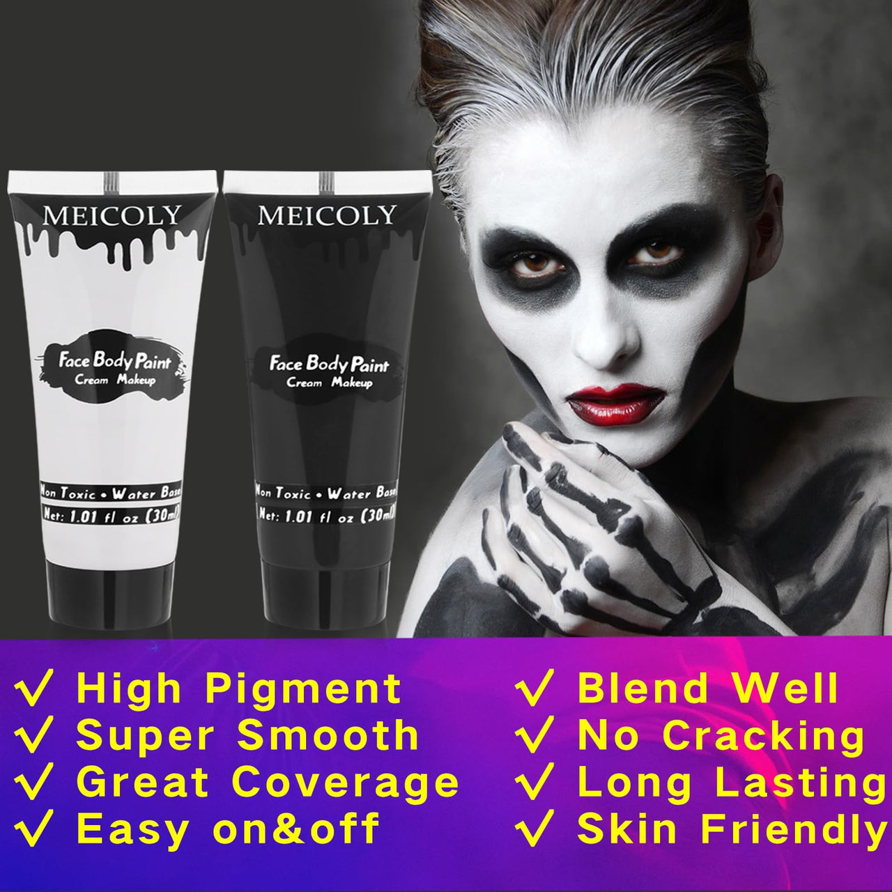 MEICOLY Black White Face Body Paint with Sponges,Water Based Face Paint for Adults Kid,White Face Paint,Face Painting for Clown Makeup,Halloween SFX Skull Zombie Skeleton Mime Goth Makeup Corpse Paint