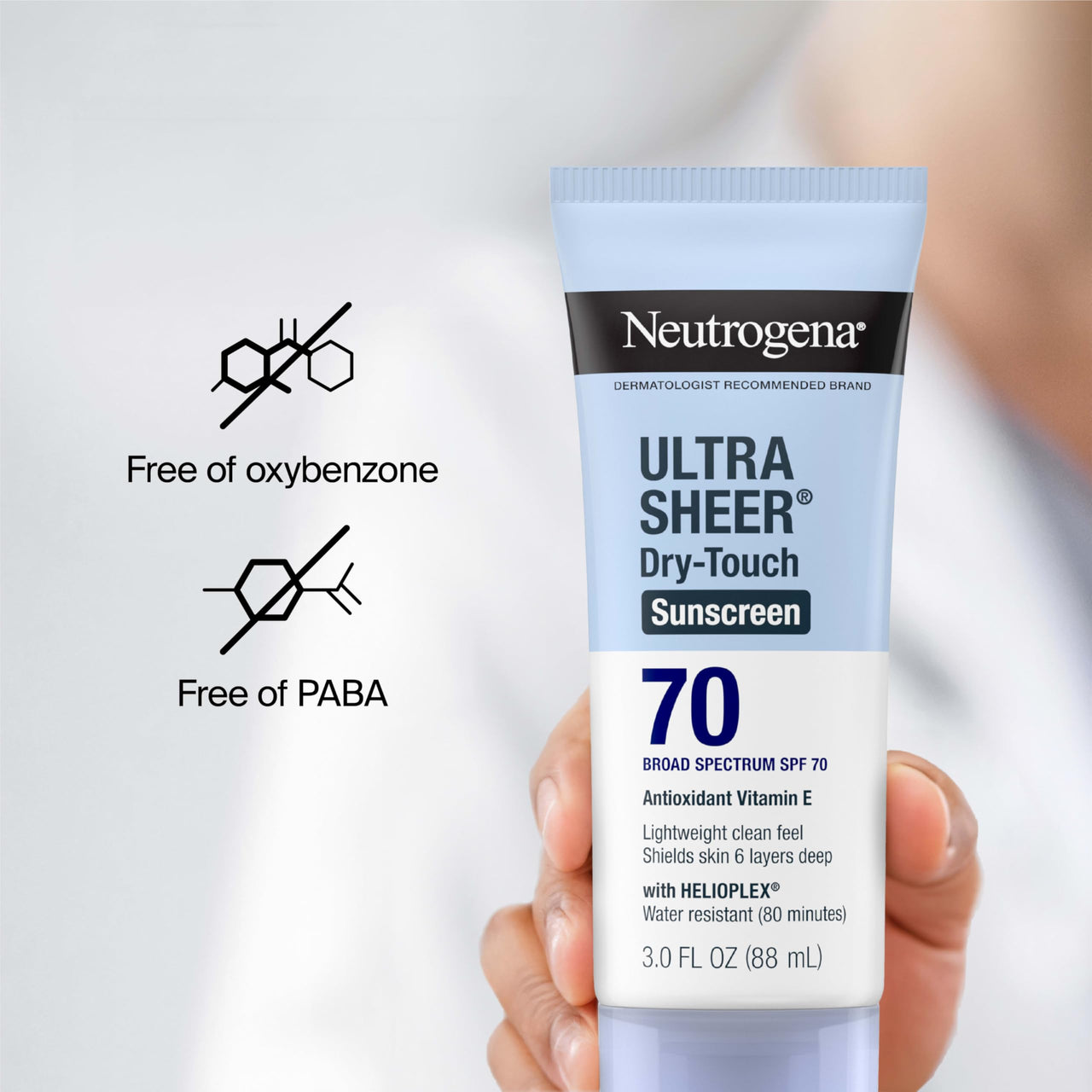 Neutrogena Ultra Sheer Dry-Touch Sunscreen Lotion SPF 70, Broad Spectrum, Water Resistant 80 Min, Oil-Free, Oxybenzone-Free, Non-Comedogenic, Matte Finish, Body Sunscreen, Travel Size 3 Fl Oz