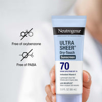 Thumbnail for Neutrogena Ultra Sheer Dry-Touch Sunscreen Lotion SPF 70, Broad Spectrum, Water Resistant 80 Min, Oil-Free, Oxybenzone-Free, Non-Comedogenic, Matte Finish, Body Sunscreen, Travel Size 3 Fl Oz