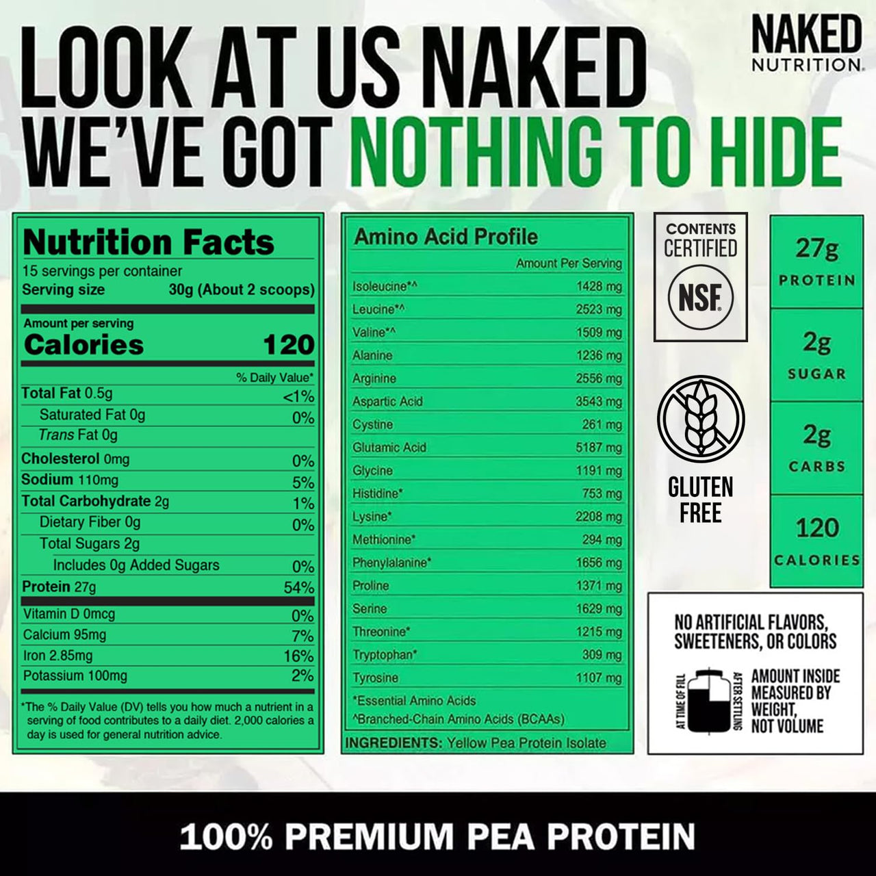 NAKED Pea - Pea Protein Isolate - Plant Based, Vegetarian & Vegan Protein. NSF Certified, Easy to Digest, Non-GMO, No Lactose, No Soy and Gluten Free - 15 Servings