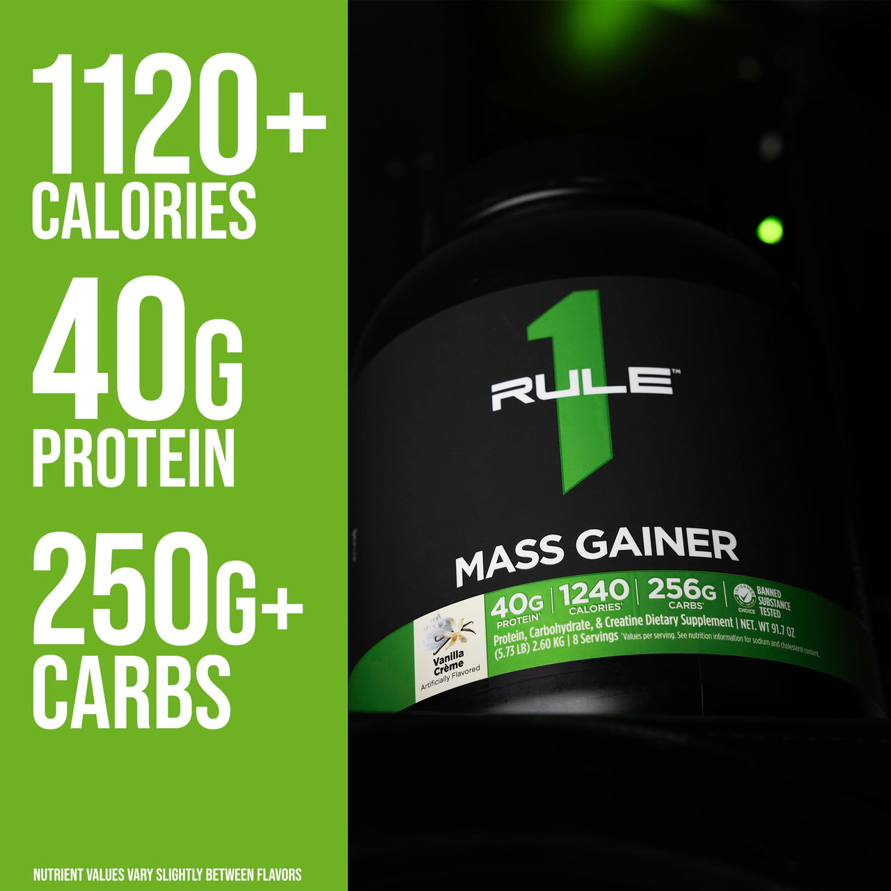 Rule 1 Proteins Mass Gainer - High-Calorie Weight Gain Formula with 1,220+ Calories, 250g+ Complex Carb Blend, 40g All-Whey Protein Per Serving (8 Servings, Chocolate Fudge)