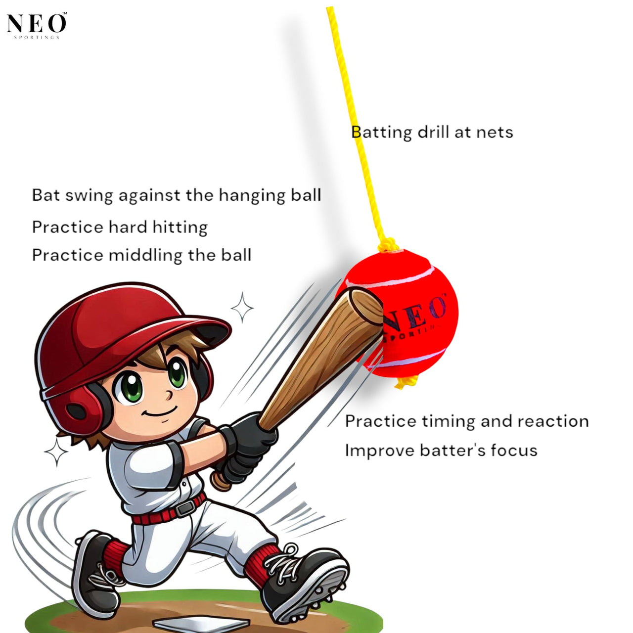 Neo Sportings Training/Playing/Hanging Ball with 3 Meter Nylon Rope, for Practice and Drill, Cricket/Baseball/Pet Toy, Red Colour (1)