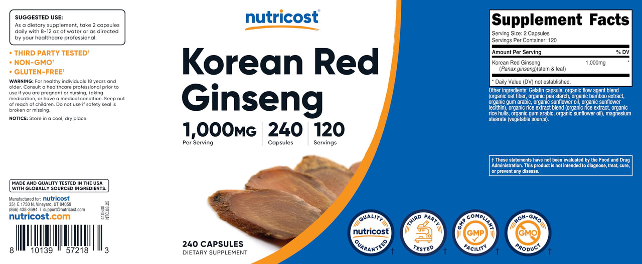 Nutricost Korean Ginseng 1000mg Serving, 240 Capsules - 500mg Per Capsule, 120 Servings - Korean Panax Red Ginseng - Gluten Free & Non-GMO