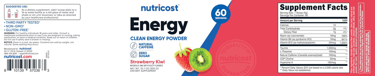 Nutricost Energy Complex (Strawberry Kiwi) (60 Servings) - Clean Energy Powder, 300g Dietary Supplement