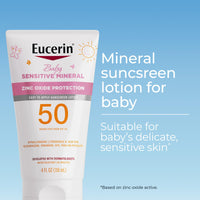 Thumbnail for Eucerin Sun Sensitive Mineral Baby Sunscreen Lotion SPF 50 with Zinc Oxide Protection, Hypoallergenic Mineral Sunscreen for Babies, Tear Free and Fragrance Free, 4 Fl Oz Tube