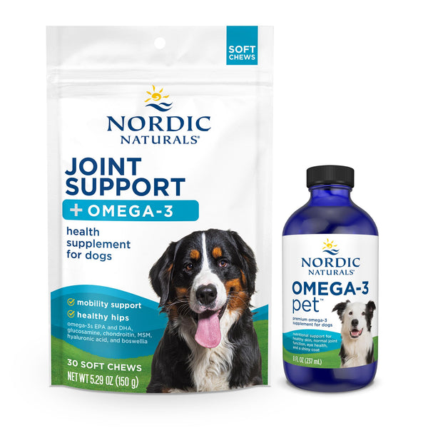 Nordic Naturals Pet Joint Support Soft Chews, 30 Count, & Omega-3 Fish Oil for Small Dogs and Cats, 8oz.