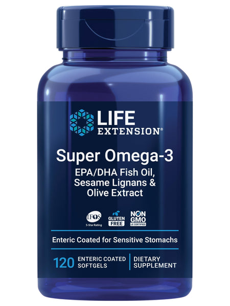 Life Extension Super Omega-3 EPA/DHA Fish Oil, Sesame Lignans & Olive Extract – Heart Health, Brain Health, Inflammation Health Support, Gluten-Free, Enteric-Coated, Non-GMO, 120 Softgels
