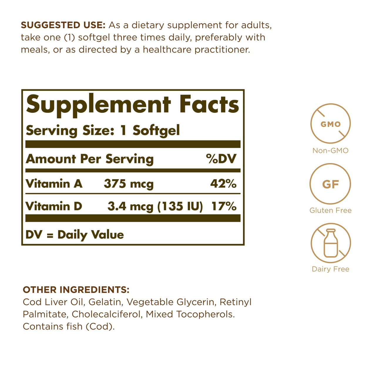 Solgar Cod Liver Oil - 250 Softgels, Pack of 2 - Provides Vitamins A & D - Non-GMO, Gluten Free - 500 Total Servings