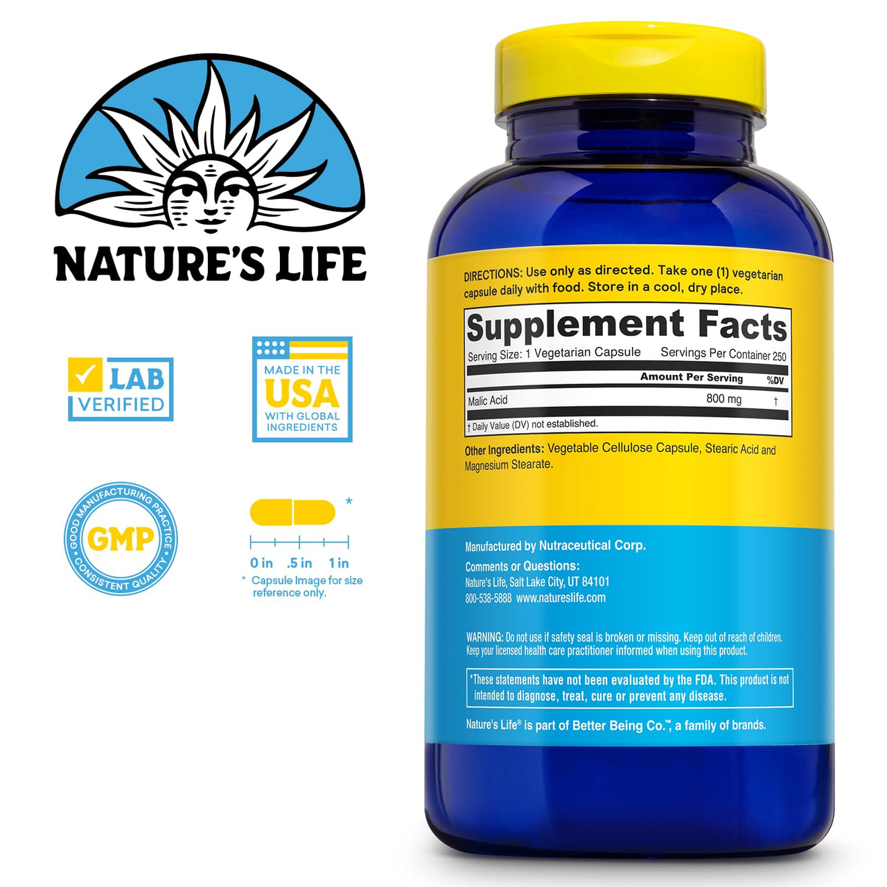 Nature's Life Malic Acid 800 mg | Chelating Agent May Help Support Energy & Muscle Comfort | No Gluten, Non-GMO | 250 Count