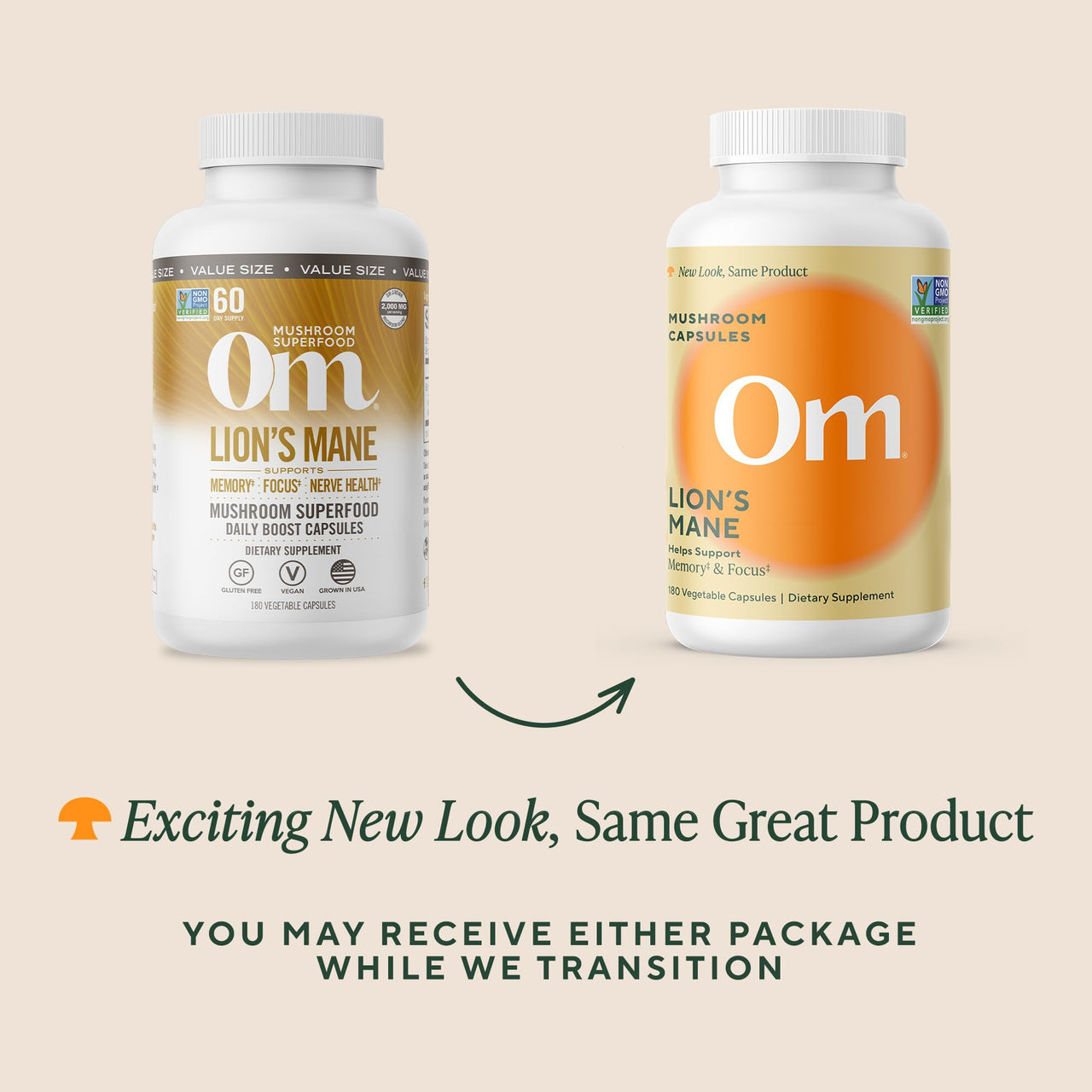 Om Lionâ€™s Mane Mushroom Capsules - Organic Mushroom Supplement and Nootropic - Brain Supplements for Memory and Focus, 180 Count (60 Servings)