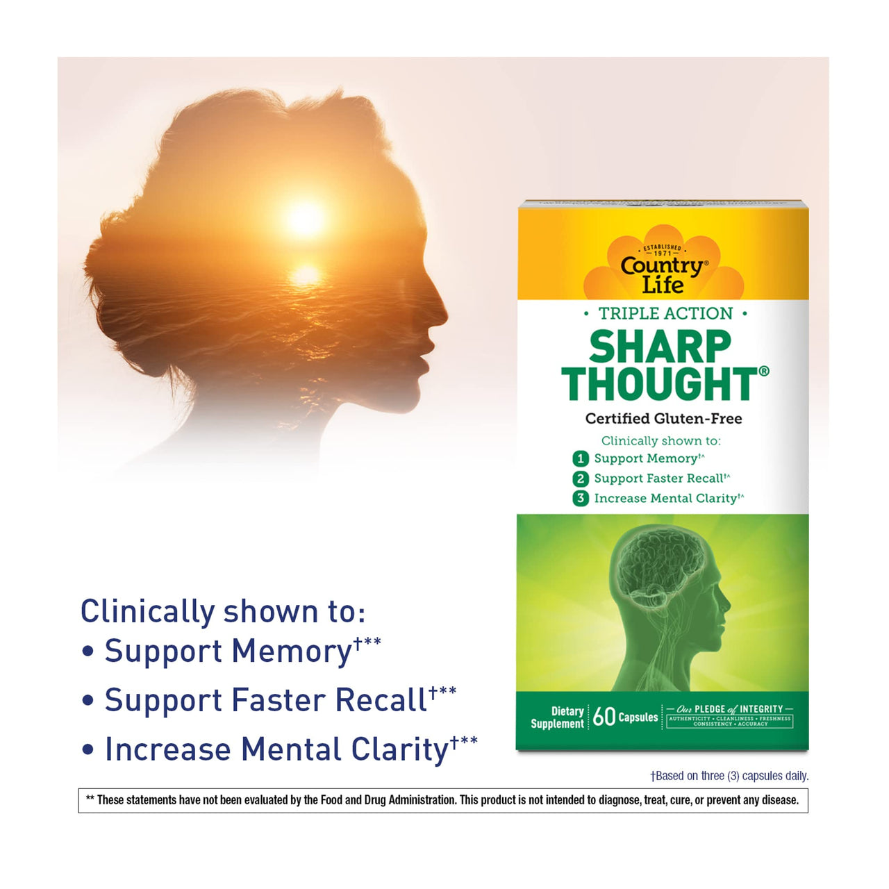 Country Life Sharp Thought - Memory & Cognitive Support Supplement – Sharp-PS Gold Phosphatidylserine + DHA – Promotes Mental Clarity & Faster Recall – Gluten-Free, 60 Capsules