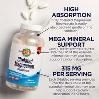 Thumbnail for KAL Chelated Magnesium Bisglycinate, Magnesium Supplement for Relaxation, Bone Health, Nerve & Muscle Function Support*, High Absorption, Gentle Digestion, Vegan, Gluten Free, 60 Servings, 180 Tablets