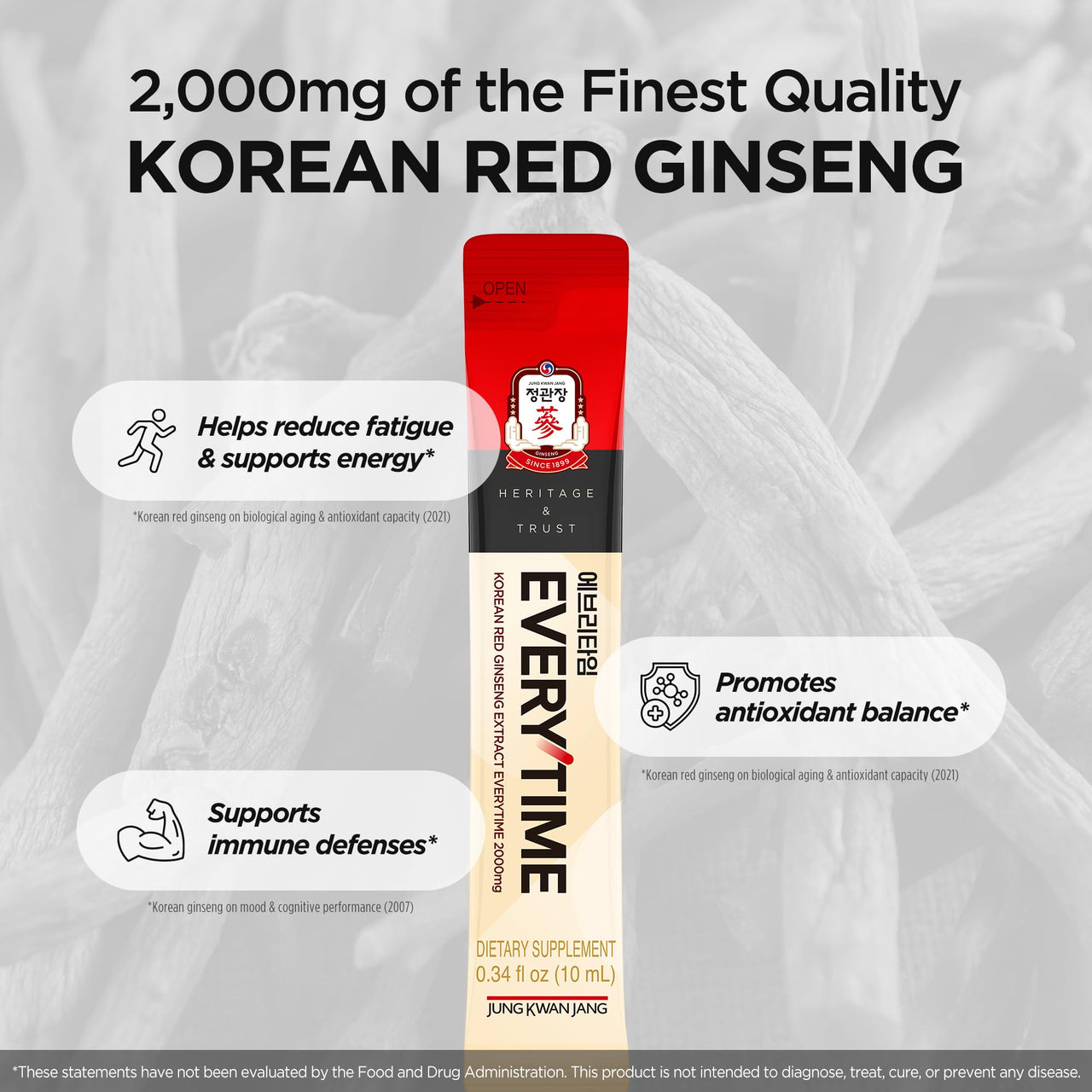 JUNG KWAN JANG Everytime Korean Red Ginseng Extract 2,000mg - Liquid Stick Supplements with Propolis & Adaptogen - Energy Boost & Immune Support, Natural & Healthy Energy Drinks (10 Sticks)