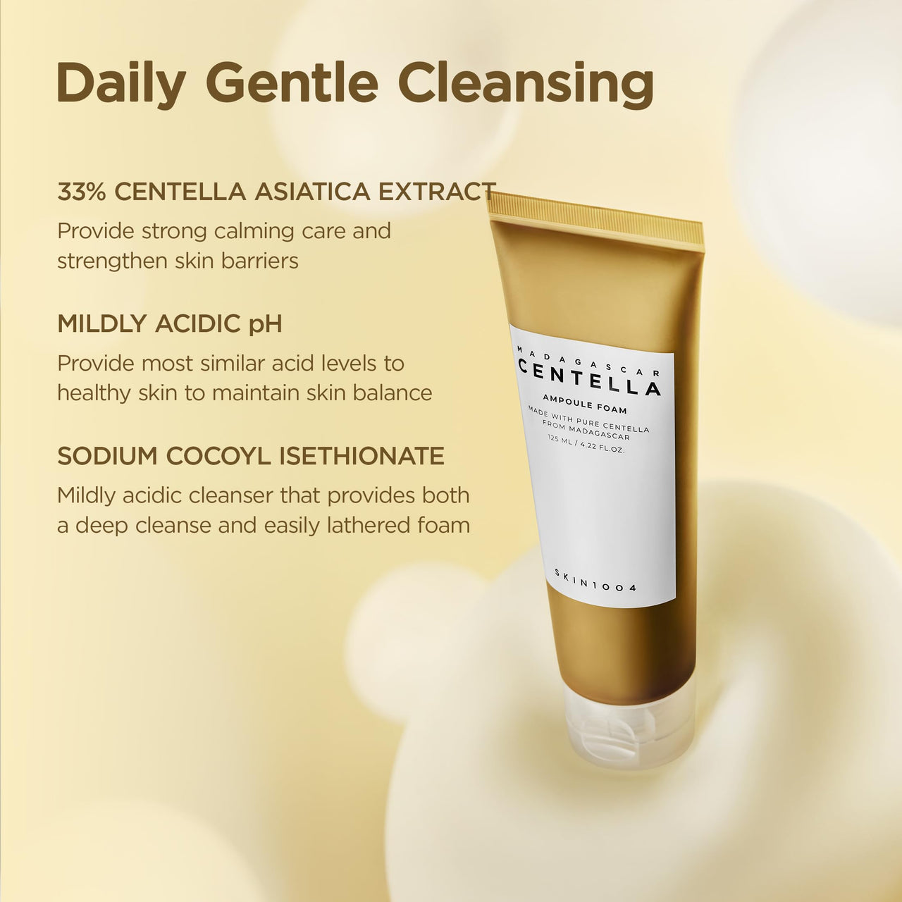 SKIN1004 Madagascar Centella Ampoule Foam, 4.23 fl.oz, Korean Face Cleanser & Makeup Remover with Centella Asiatica, Gentle Daily Cleanser for Soft Skin, Korean Skin Care