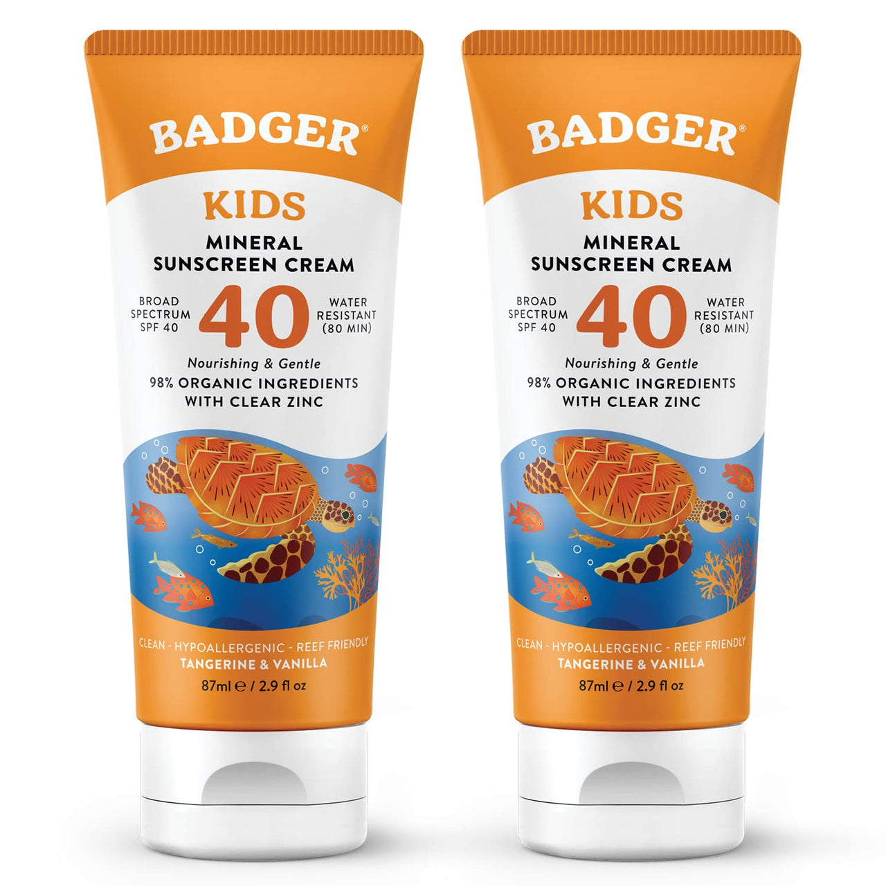 Badger Kids Mineral Sunscreen Cream SPF 40, 98% Organic Ingredients, Zinc Oxide Sunscreen for Kids Face & Body, Water Resistant, Reef Friendly, Hawaii Approved Sunblock, 2.9 fl oz, 2-Pack
