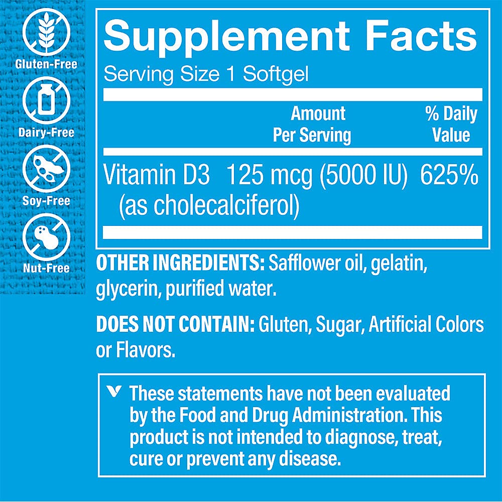 The Vitamin Shoppe Vitamin D3 5000IU - Bone Immune & Cellular Health | Cholecalciferol Softgels | 100 Softgels | Gluten-Free