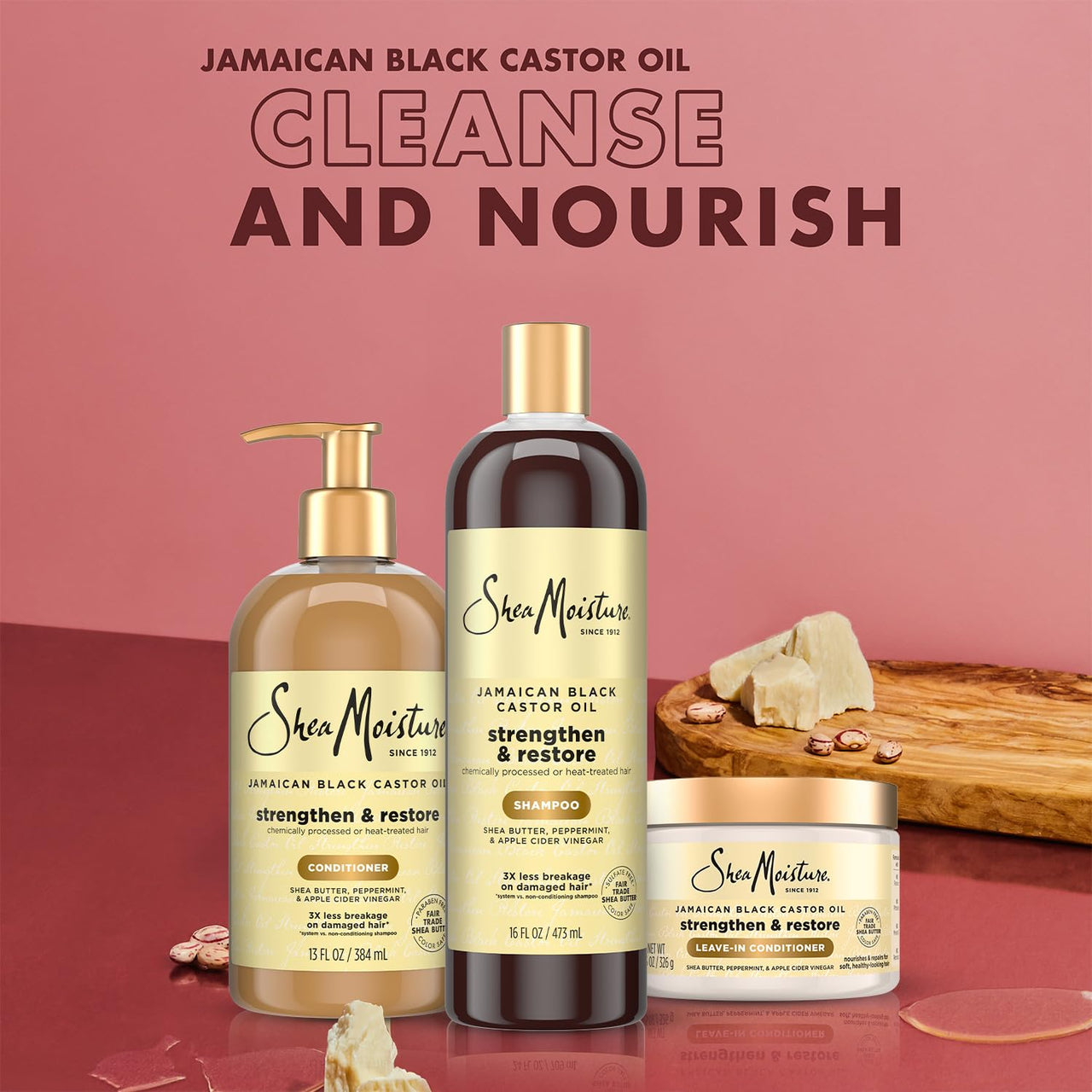 SheaMoisture Jamaican Black Castor Oil Strengthen & Restore Hair Repair Shampoo, Conditioner + Leave-In Conditioner
