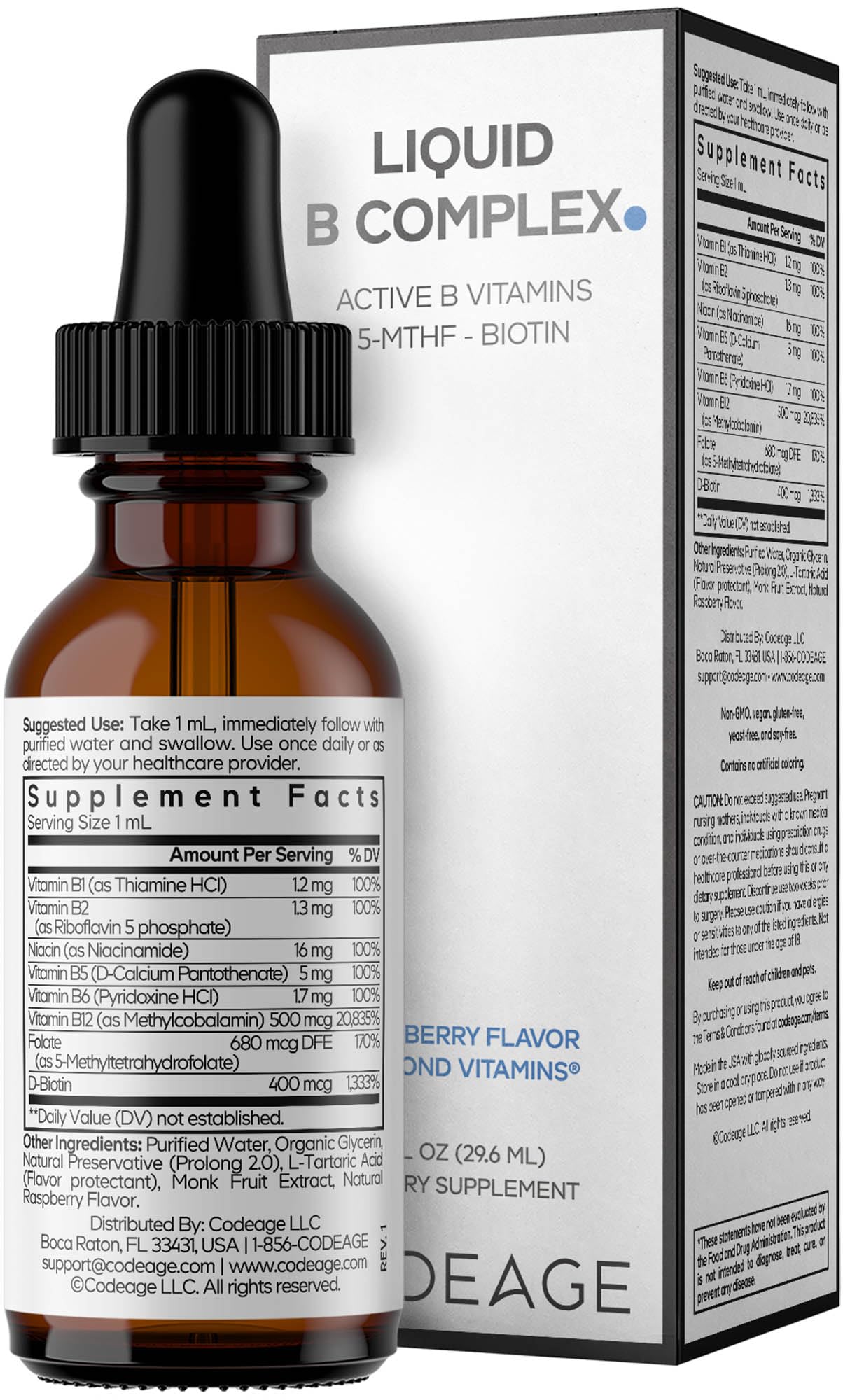 Codeage Liquid B-Complex Supplement with 8 Forms of Vitamin B - Vitamin Thiamine B1, Riboflavin B2, B3, B5, B6, Biotin B7, Active Methylated B9 Folate & B12 - Raspberry Flavor - Non-GMO - 1 fl oz