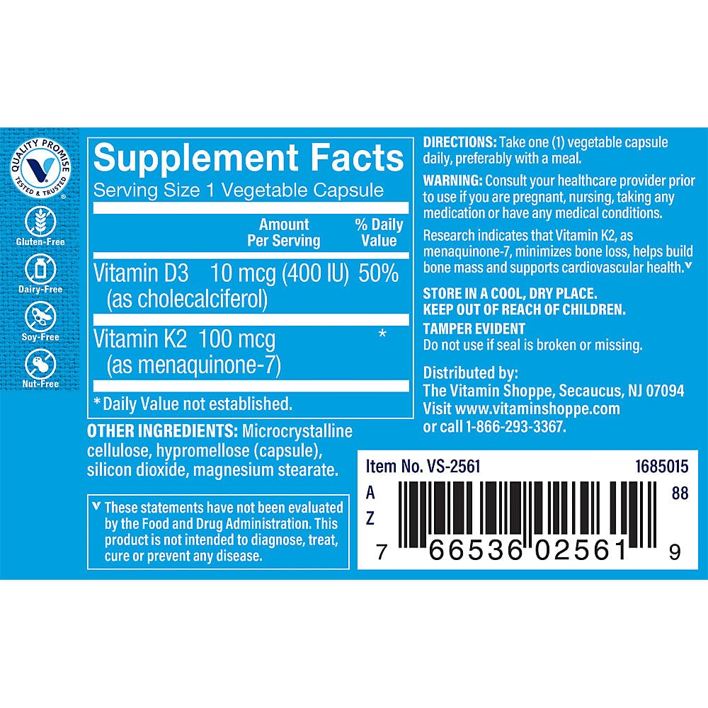 The Vitamin Shoppe Vitamin K2 MK-7 100 MCG - Bone Density & Arterial Health | Menaquinone-7 | 60 Capsules | Vegan