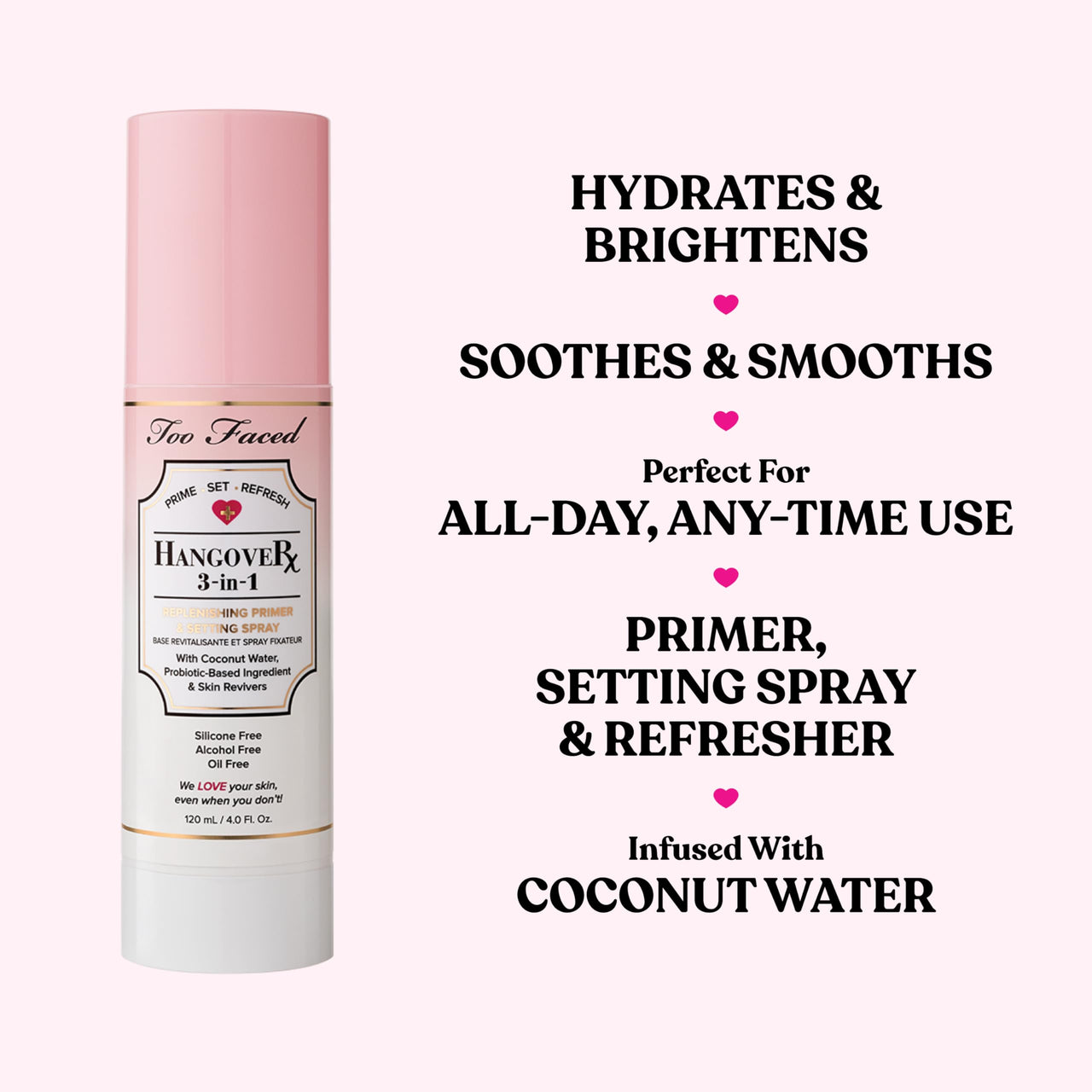 Too Faced Hangover 3-in-1 Primer & Setting Spray | Long Lasting + Hydrating, 4.1 Fl Oz, Clear