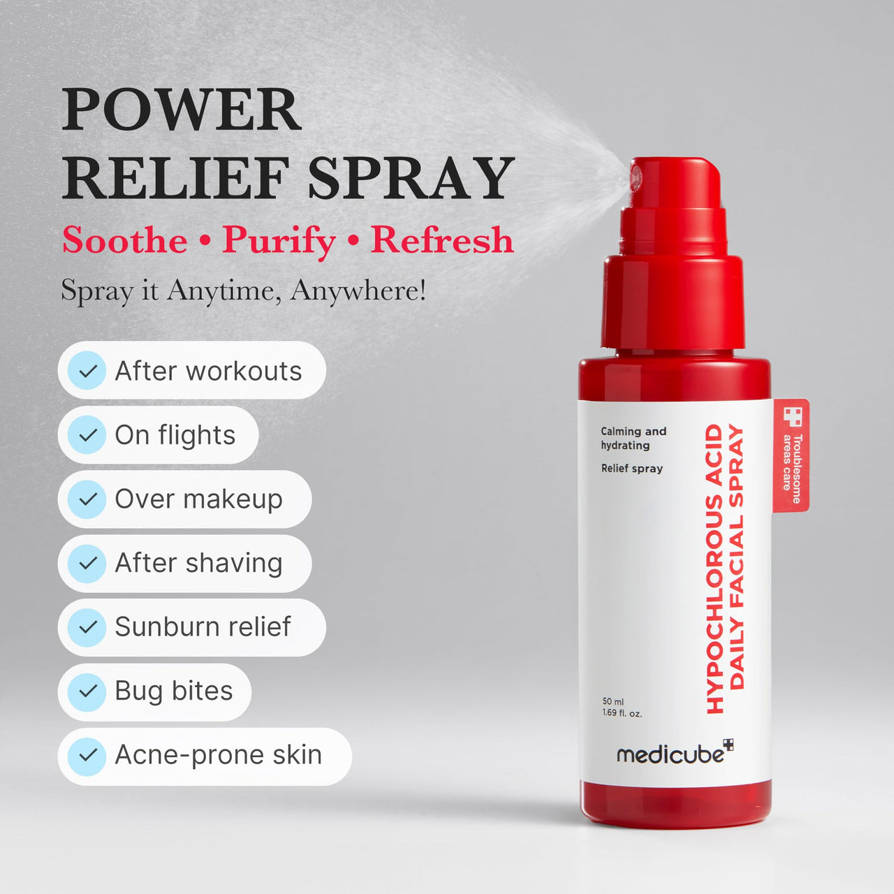 medicube Power Soothing Spray | Hypochlorous Acid Spray For All Skin Types, Delicate Skin | Daily Skin Solution & Post-Sun Care | HOCI Facial Mist for Soothing & Calming | Korean Skincare | 1.69 fl.oz