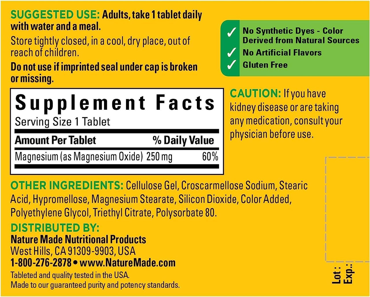 Nature Made Magnesium Oxide 250 mg, Dietary Supplement for Muscle, Heart, Bone and Nerve Health Support, 100 Tablets, 100 Day Supply (Pack of 2)