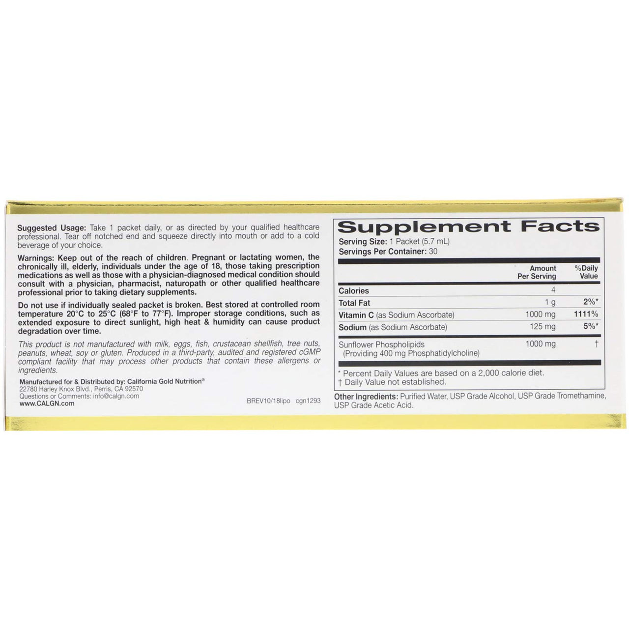 California Gold Nutrition LiposomeUP, Liposomal Vitamin C, 1,000 mg, 30 Packets, 0.2 oz (5.7 ml) Each