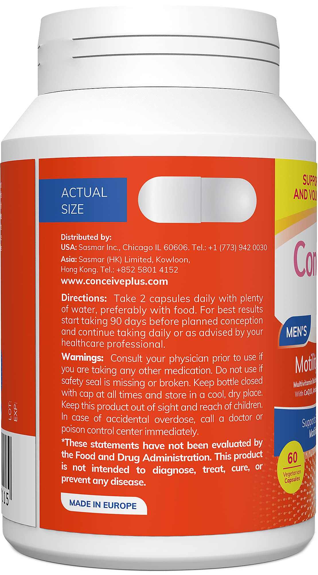 CONCEIVE PLUS Motility Boost for Men - Sperm Count Booster with Vitamin D, Vitamin E, Zinc, Spermidine, Antioxidants - Sperm Count, Sperm Motility - Multivitamin Supplement for Men Sperm - 60 Caps