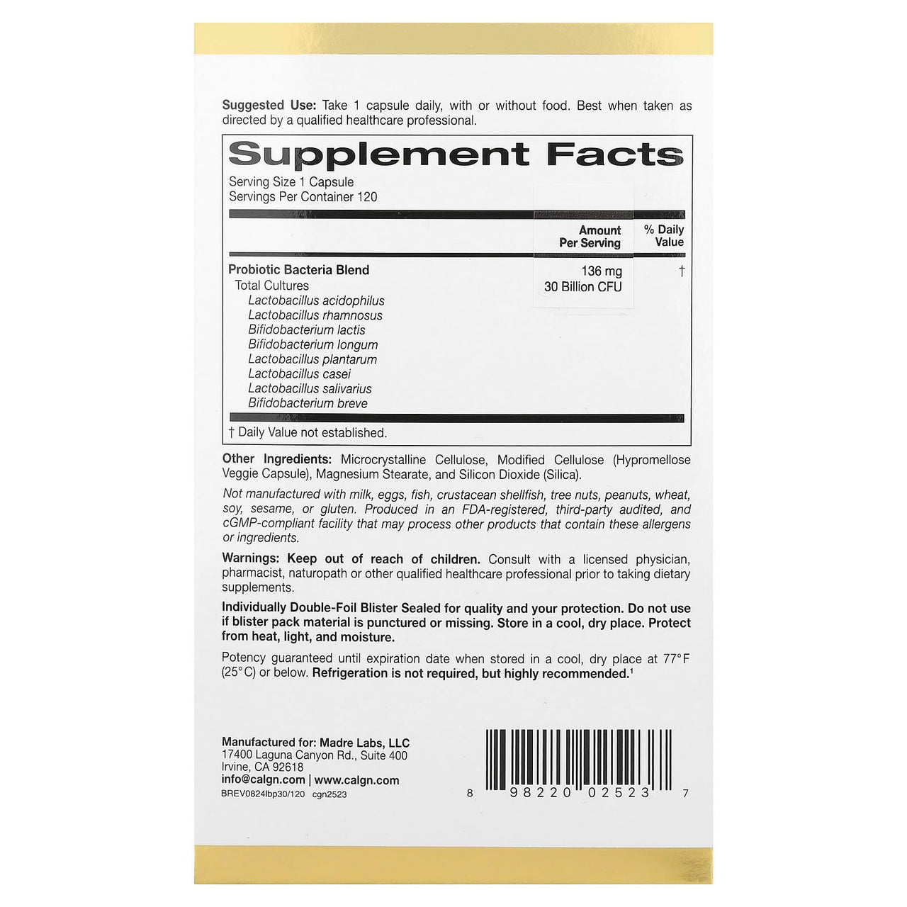 California Gold Nutrition LactoBif® 30 Probiotics, 30 Billion CFU, 120 Veggie Capsules