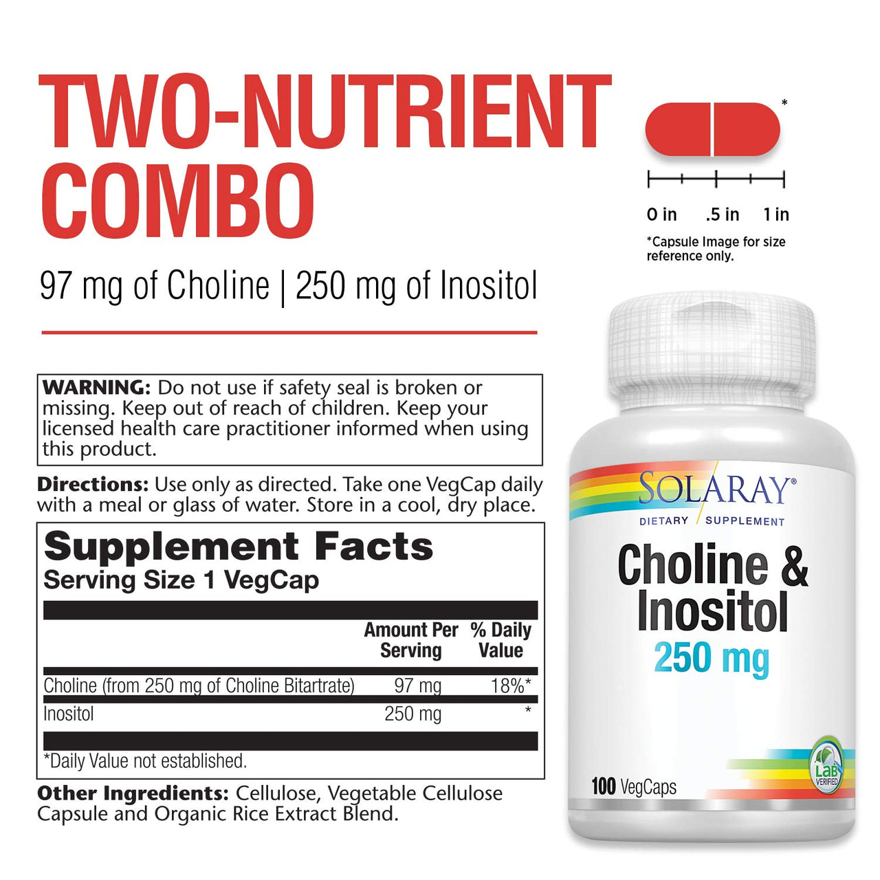 SOLARAY Choline & Inositol 250 mg | Two-Nutrient Combo for Healthy Fat Metabolism, Brain Function Support | 100 VegCaps