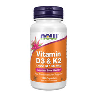 Thumbnail for NOW Supplements, Vitamin D-3 & K-2, 1,000 IU/45 mcg,Plus Cardiovascular Support*, Supports Bone Health*, 120 veg Capsules