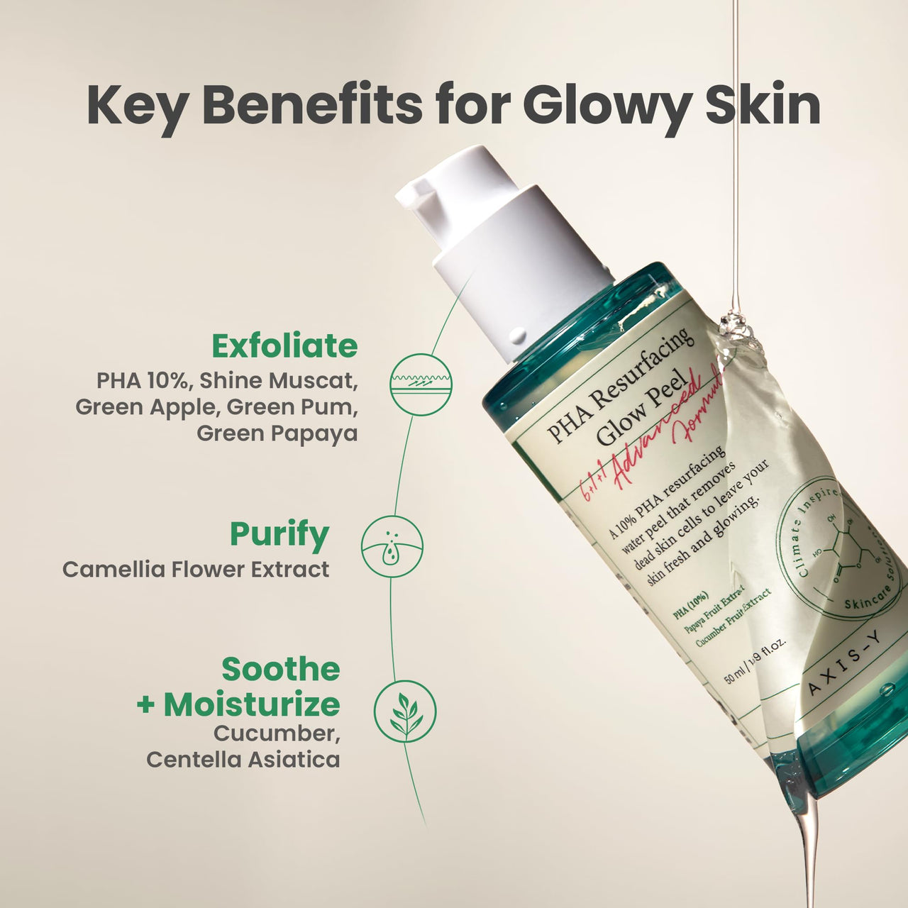 AXIS-Y PHA Resurfacing Glow Peel - 10% PHA Fruit Extract Mild Peeling Gel Exfoliator Pore Minimizer for Face - Vegan Korean Skin Care Glass Skin Face Peel - 1.69 fl. oz.