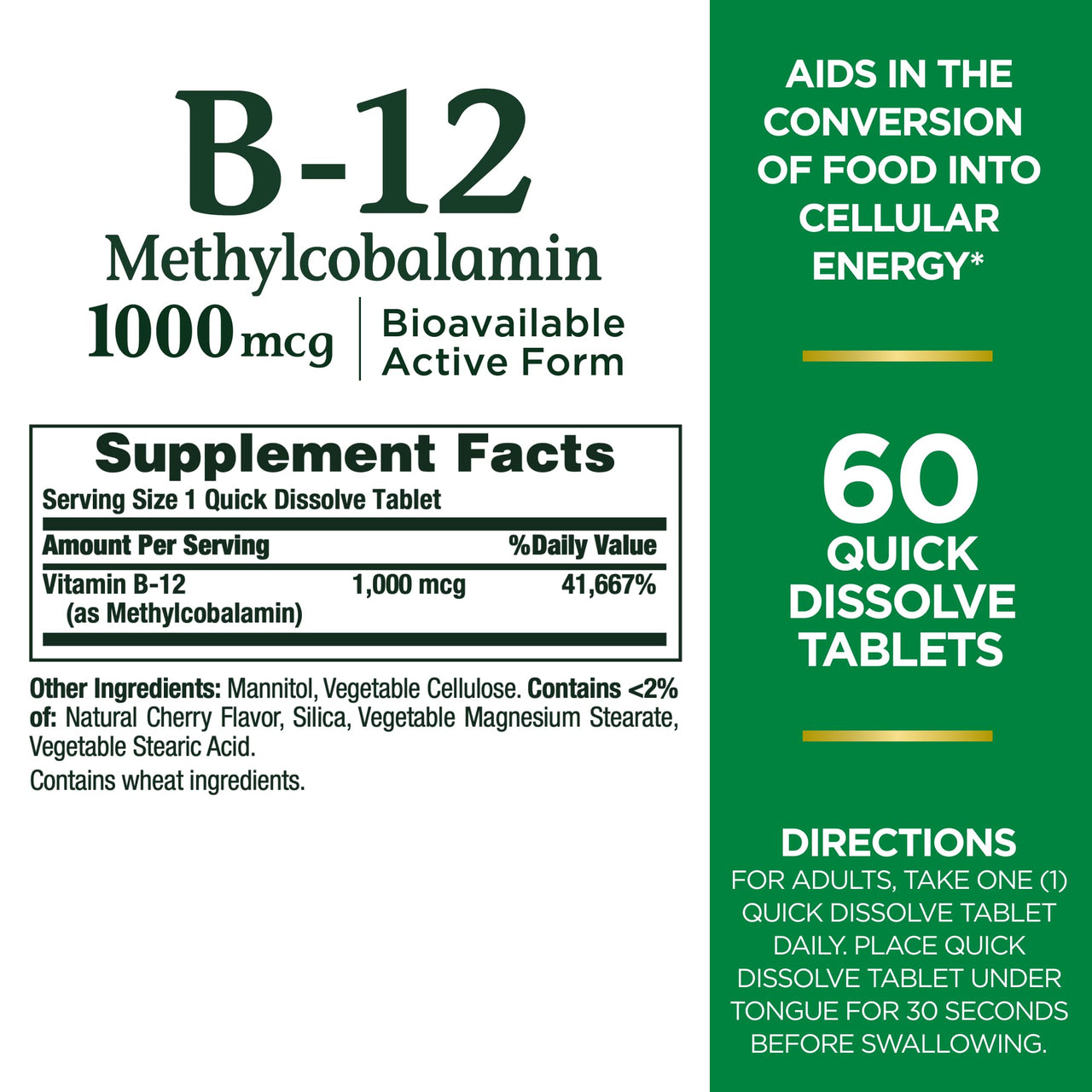 Nature's Bounty Vitamin B-12 Quick Dissolve Tablets, 1000mcg, Aids in the Conversion of Food into Cellular Energy, Cherry Flavor, 60ct
