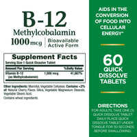 Thumbnail for Nature's Bounty Vitamin B-12 Quick Dissolve Tablets, 1000mcg, Aids in the Conversion of Food into Cellular Energy, Cherry Flavor, 60ct