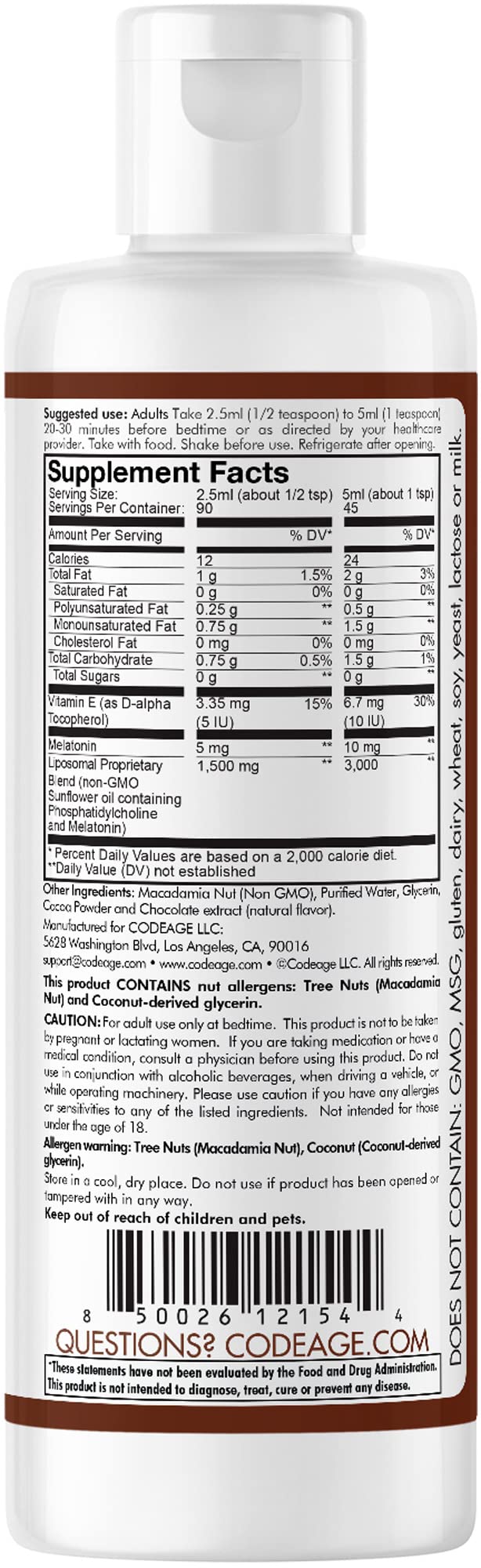 Codeage Liposomal Ultra Sleep + Liquid Melatonin Supplement for Adults, Vitamin E, Phospholipid Complex, Phosphatidylcholine, Vegan Chocolate Smoothie Drops, Non-GMO, No Sugar, 45+ Servings, 8 fl oz