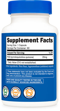 Thumbnail for Nutricost PQQ (Pyrroloquinoline Quinone) 20mg, 60 Capsules - Vegetarian Capsules, Non-GMO, Gluten Free