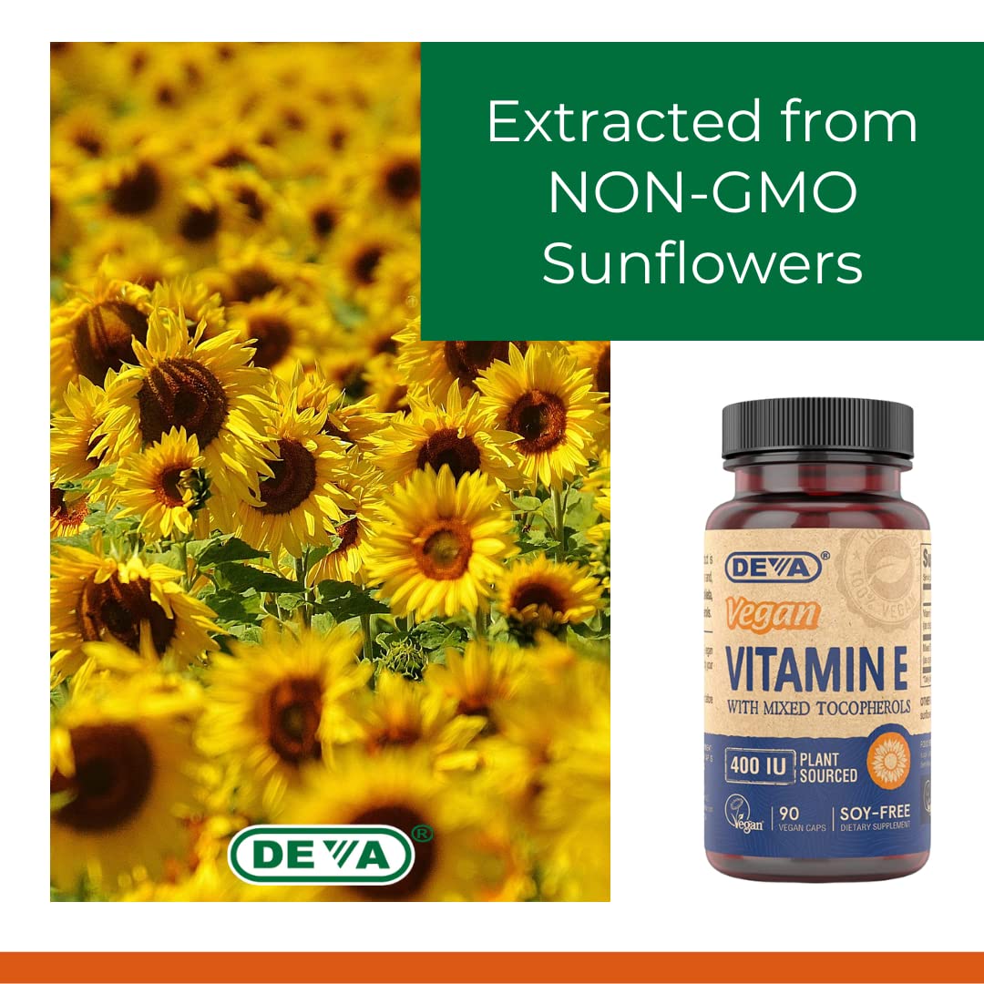 DEVA Vegan Vitamins Natural Vitamin E 400IU with Mixed Tocopherols, Supports Immune System & Skin Nutrition, Natural Antioxidant & Gluten Free, Dairy Free, Non-GMO, 90 Capsules