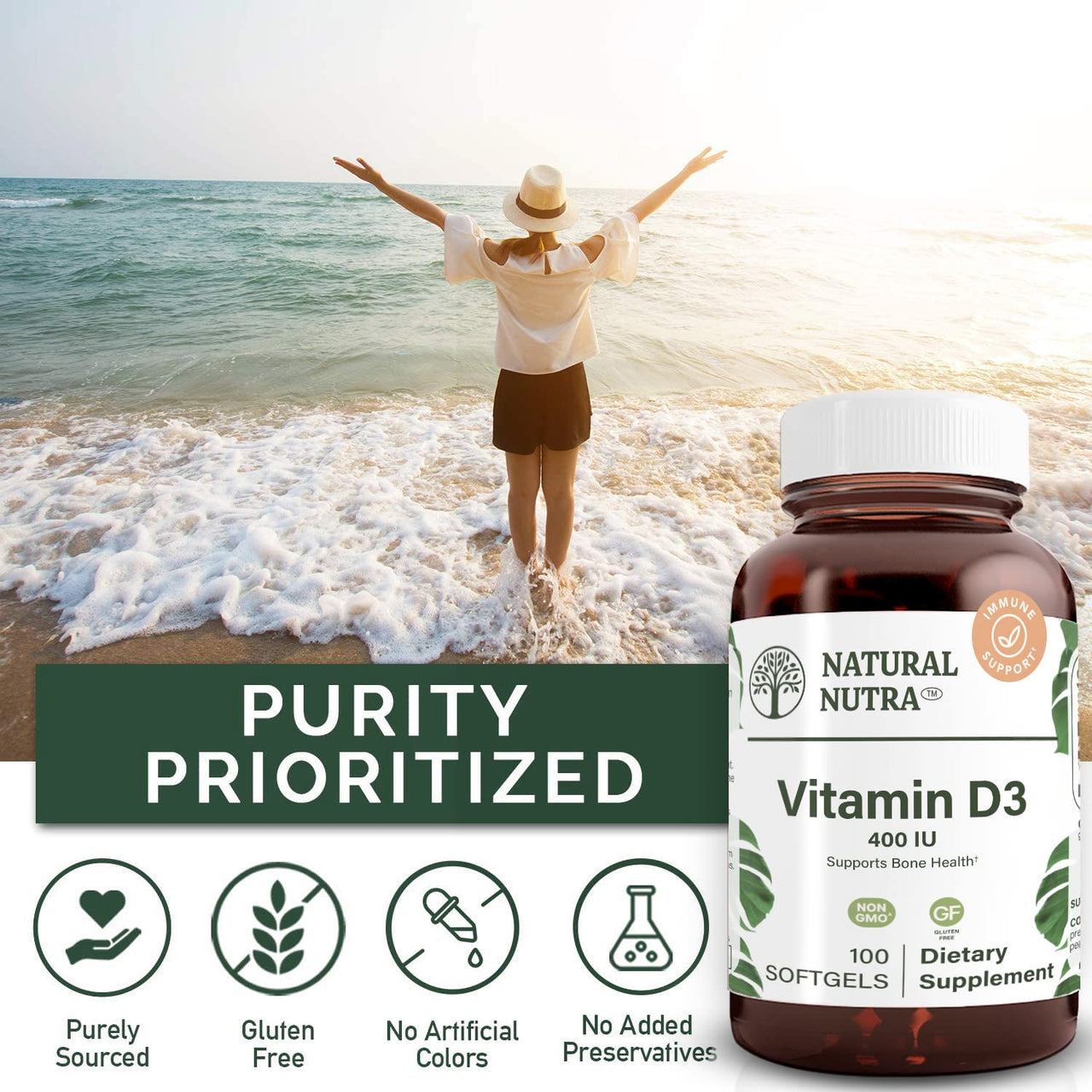 Natural Nutra 100 Vitamin D3 400 IU Softgels - VIT D Supports Immune Function, Bone & Teeth Health - Sunshine Vitamin D Formula for Cardiovascular & Lung Support - Gluten-Free Dietary Supplement