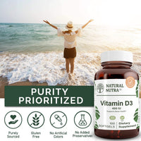 Thumbnail for Natural Nutra 100 Vitamin D3 400 IU Softgels - VIT D Supports Immune Function, Bone & Teeth Health - Sunshine Vitamin D Formula for Cardiovascular & Lung Support - Gluten-Free Dietary Supplement
