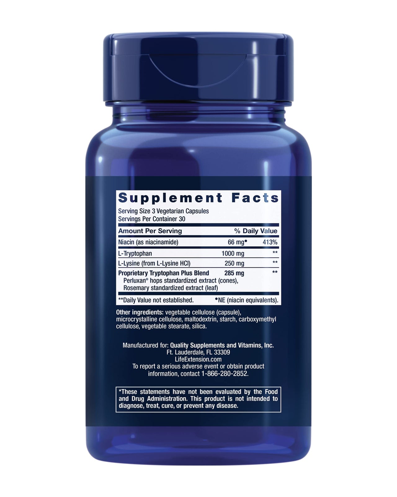 Life Extension Optimized Tryptophan Plus 1000mg - L-Tryptophan Supplement with Niacin and L-Lysine for Healthy Sleep & Stress Response – Gluten-Free, Non-GMO, Vegetarian - 90 Capsules