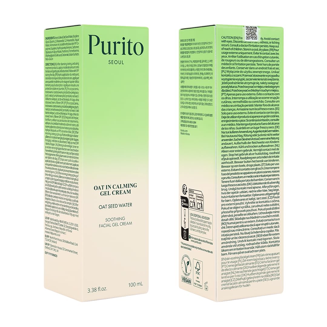 PURITO Oat In Calming Gel Cream, Oat Seed Water for Hydration & Soothing, Lightweight, Non-Sticky Moisturizer for Sensitive Skin, Non-Comedogenic, Fragrance-Free, Korean Skincare, 100ml 3.38 fl.oz