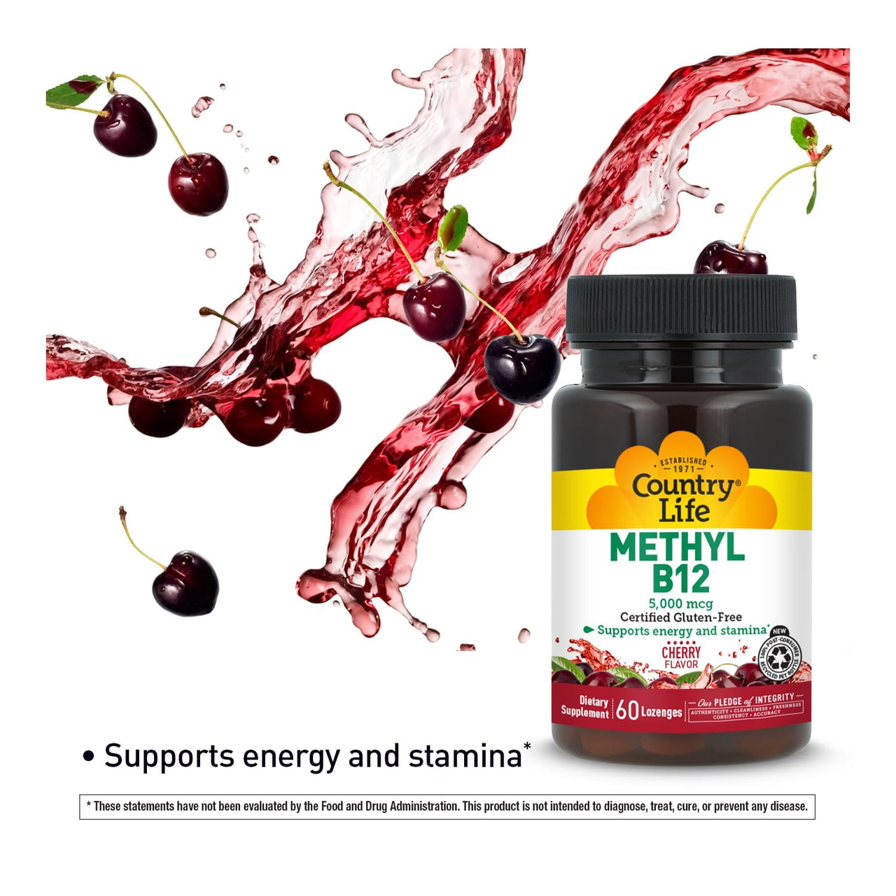 Country Life Methyl B12, Supports Energy & Stamina, 5,000mcg, 60 Lozenges, Certified Gluten Free, Certified Vegan, Certified Non-GMO Verified