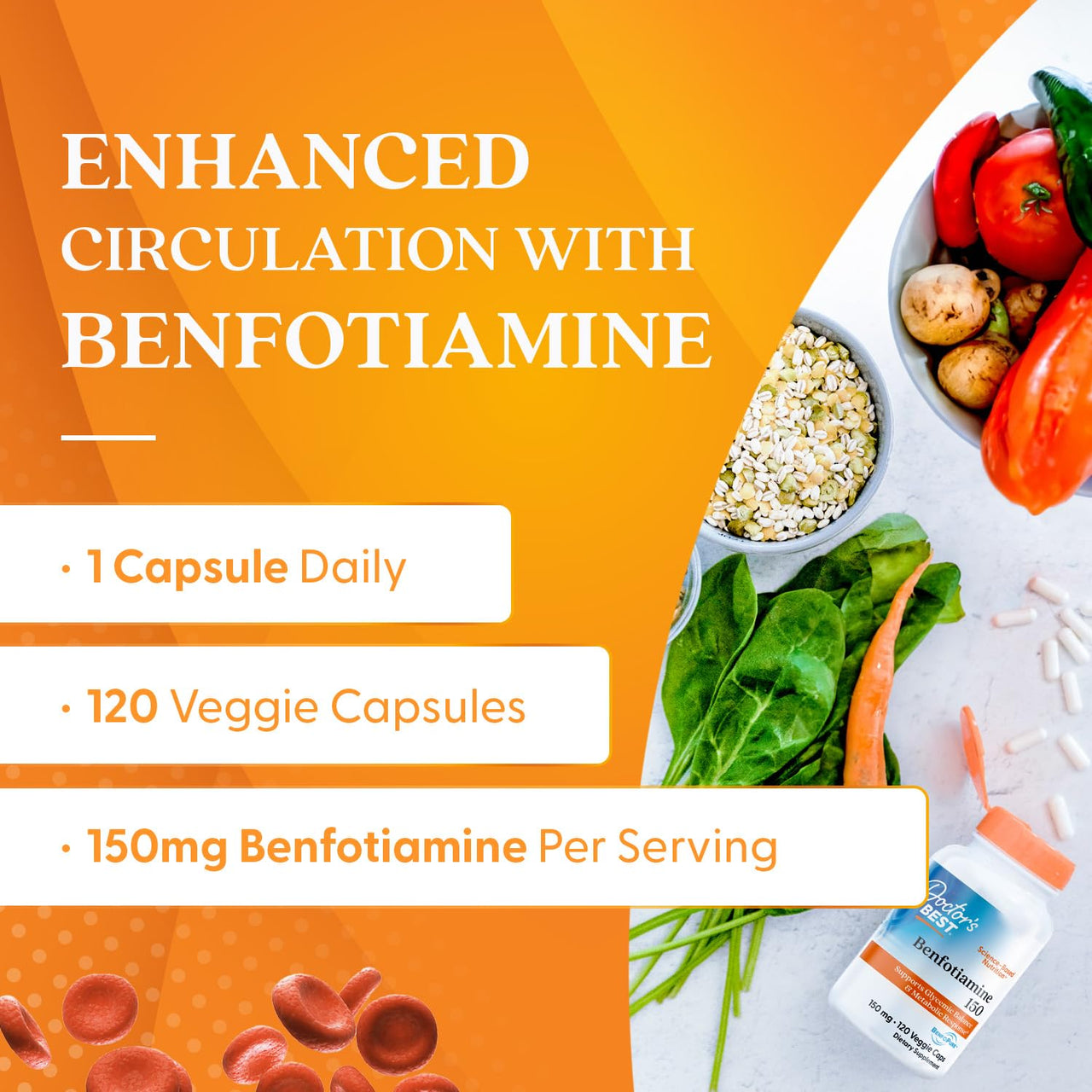 Doctor's BEST Benfotiamine 150mg Supplement - Bioavailable Vitamin B1 for Men & Women, Benfotiamine B1 Capsules, Supports Nerve & Metabolic Health, Antioxidant Support, Non GMO - 120 Veggie Caps