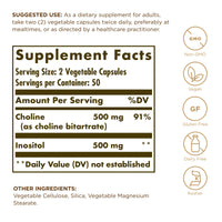 Thumbnail for Solgar Choline/Inositol 500 mg/500 mg, 100 Vegetable Capsules (Pack of 2) - Energy Metabolism, Liver Health, Essential for Brain & Nerve Function - Non-GMO, Vegan, Kosher - 100 Total Servings