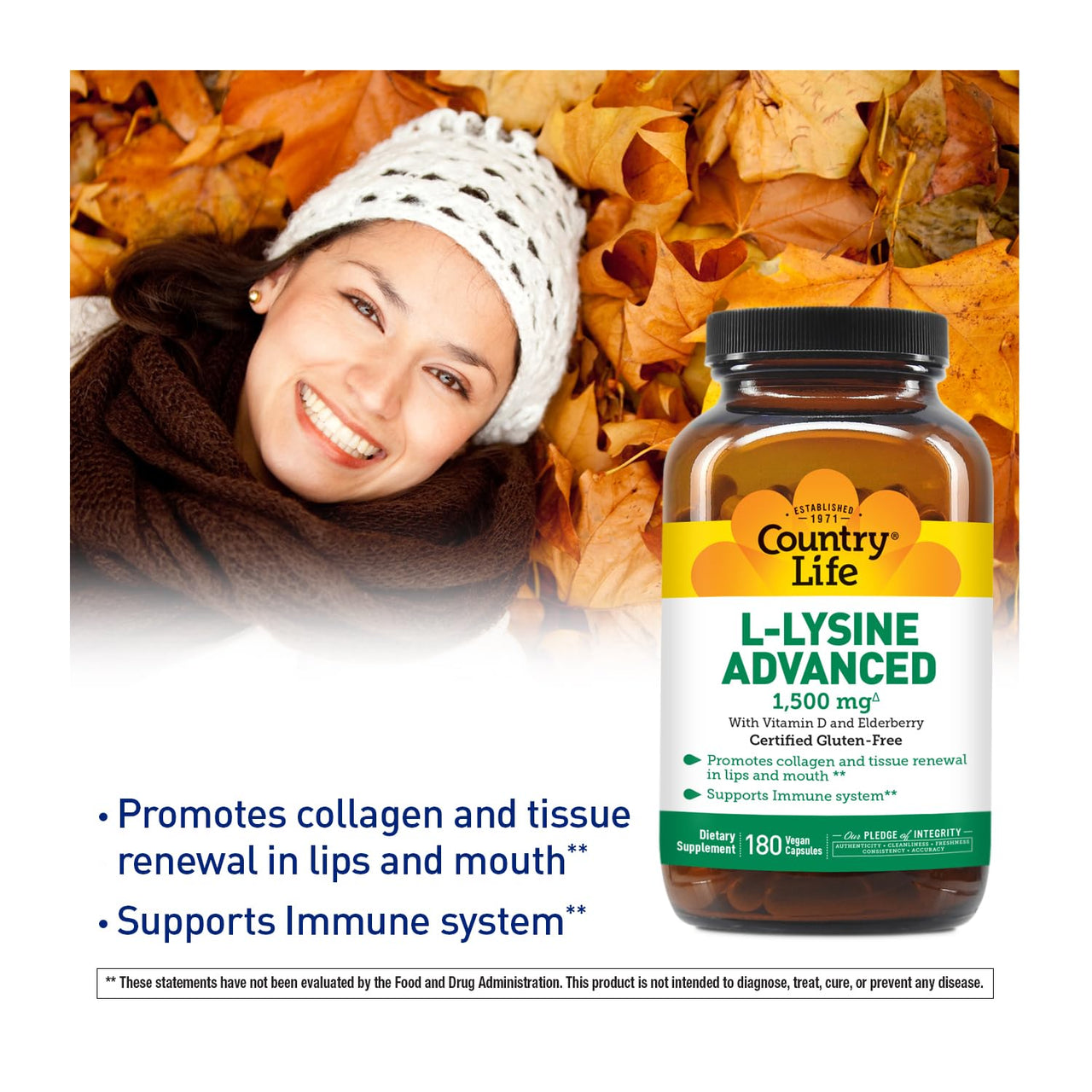 Country Life L-Lysine 1500mg Capsules with Vitamin D & Elderberry – Advanced Immune Support and Collagen Renewal – Certified Gluten-Free & Vegan – 180 Capsules