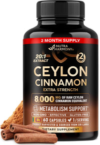 Thumbnail for Ceylon Cinnamon Capsules - Extra Strength - Energy Heart & Metabolism Support for Men & Women - Pure Natural Cinnamon 20:1 Extract Supplement - GMO & Gluten Free - Made in USA - 60 Capsules 2 Month