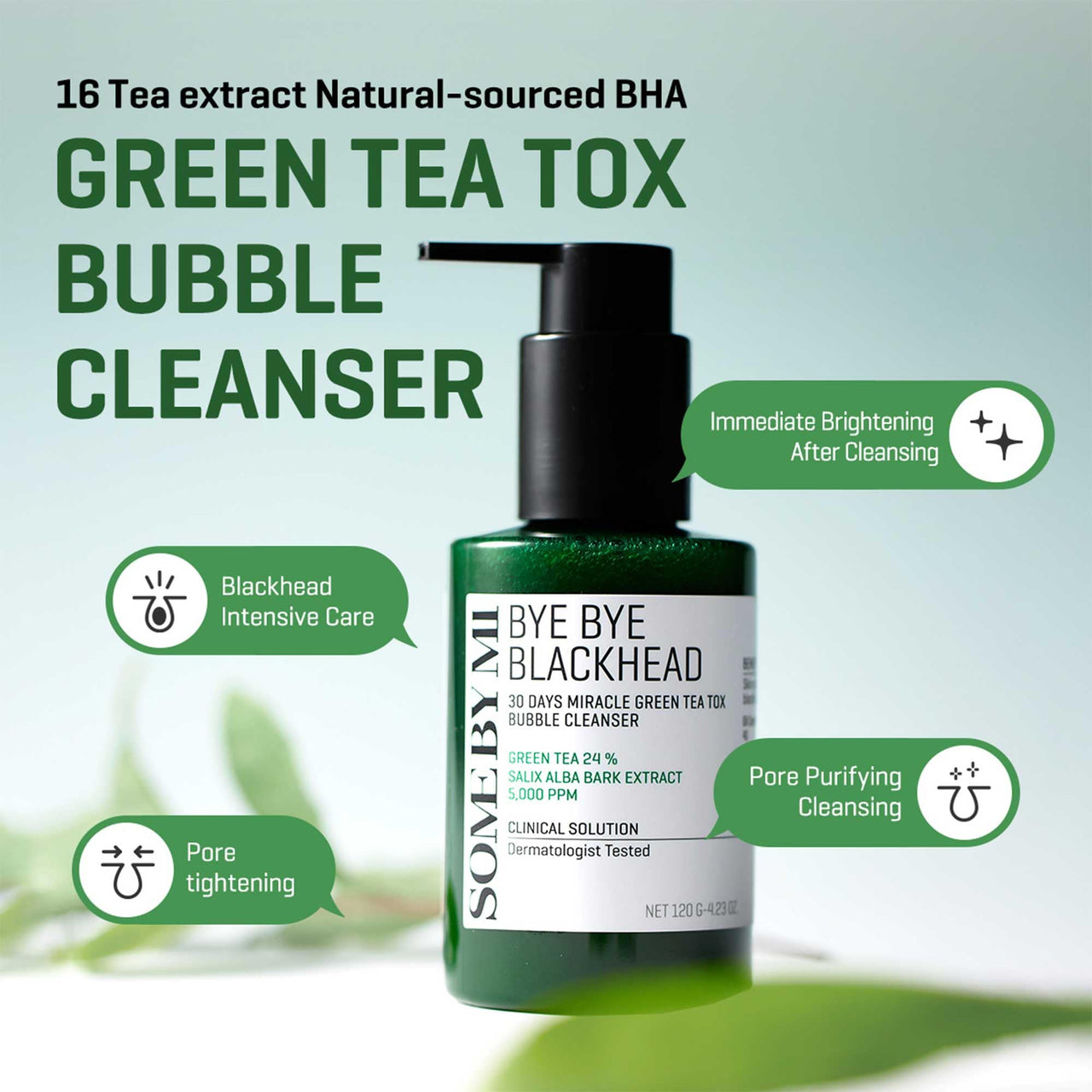 SOME BY MI Bye Bye Blackhead 30 Days Miracle Green Tea Tox Bubble Cleanser – 4.23oz, 120g – Korean Face Wash & Bubble Face Mask – Daily Blackhead-Removing Pore Minimizer for Face – Korean Skin Care